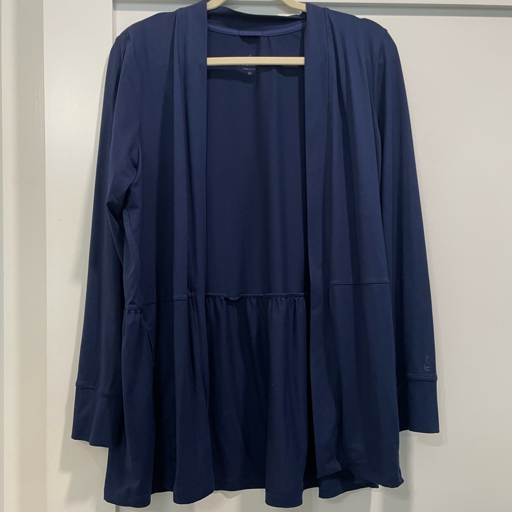 CuddlDuds Navy Blue, Long Sleeve, Ruffle Cardigan. Women’s size Medium.